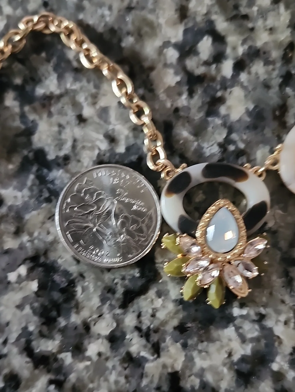 Gold-Tone Tortoise Shell Green & Cream Floral Statement Necklace and Earring Set